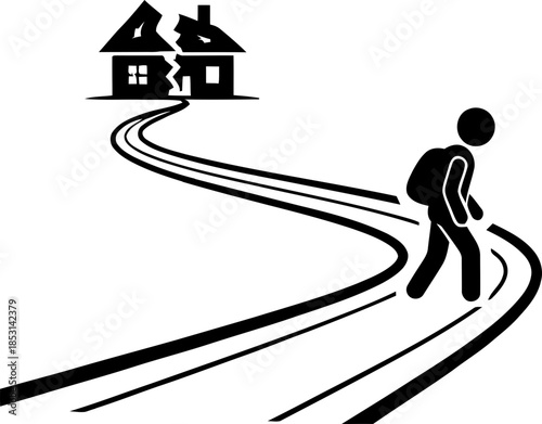 Kid with backpack walking away from broken house on winding road. Homelessness, family separation, broken home concept. Vector illustration