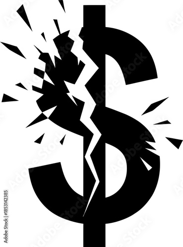 Broken dollar symbol. Financial crisis concept. Vector illustration for economy decline, bankruptcy, monetary issue, stock market crash