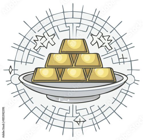 Cartoon illustration of gold bars stacked on a plate with stylized design elements, wealth concept