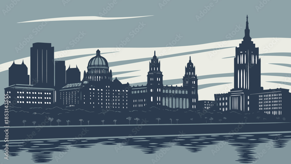 Obraz premium Vector illustration a city skyline at sunset with buildings and a body of water in dark blue