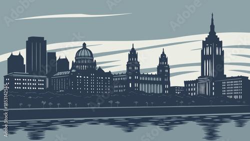 Vector illustration a city skyline at sunset with buildings and a body of water in dark blue