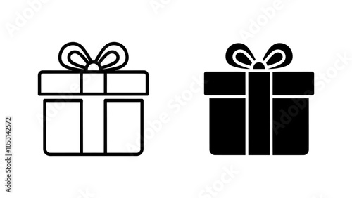 Black Gift Box Icons with Bows, Outline and Solid Design