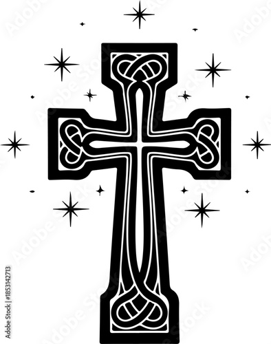 Sacred Christian Cross with Draped Cloth and Radiant Light Silhouette