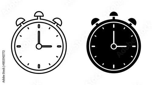 Two Alarm Clocks: Outline and Solid Silhouette on White
