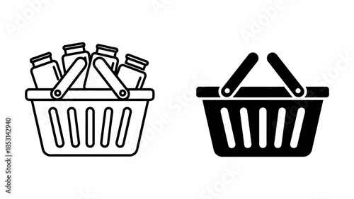 Outline and Solid Shopping Basket Icons with Jars on White Background