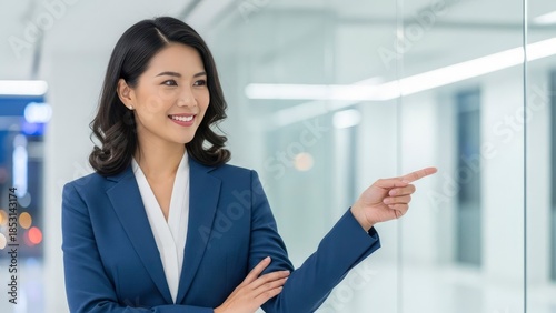 Confident business woman pointing to side