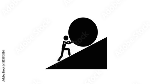 Sisyphus Myth Concept Art – Stick Figure Pushing Boulder Up Hill Vector Icon