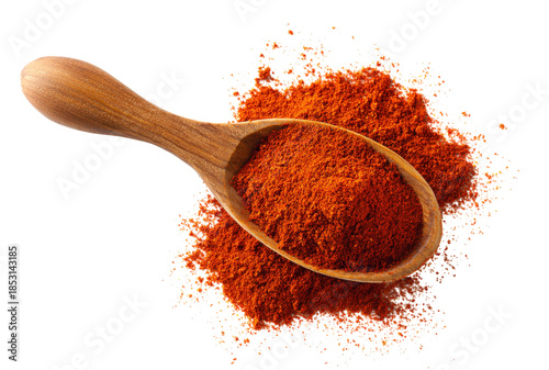 A wooden spoon is filled with red pepper flakes, isolated on a transparent background