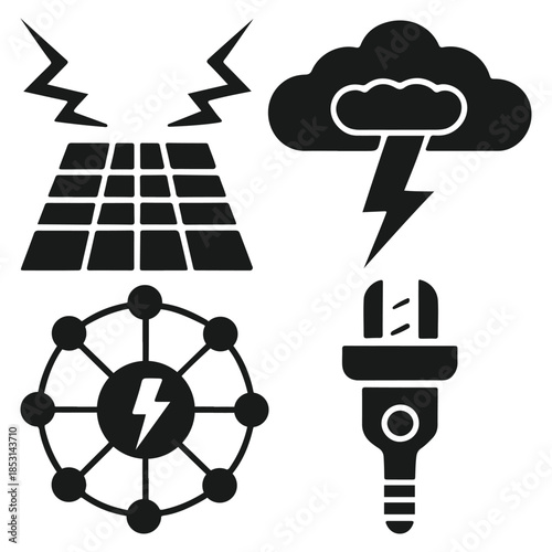 Solar energy and electric power generation icon vector collection. Perfect for clean energy projects, power generation visuals and sustainability designs.
