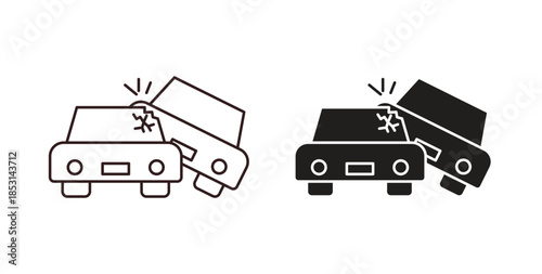 Car crash icons. thin line and glyph vector icons pack on white background