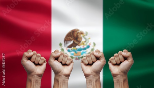 Raised fists in protest in front of the Mexico flag