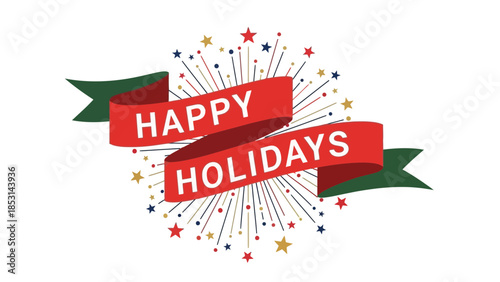 Happy Holidays Festive Red Ribbon Banner with Fireworks Explosion Vector Illustration