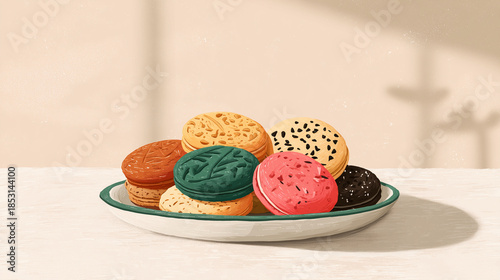 Illustrated cookies on plate, warm baked colors, minimal background, cozy flat illustration with paper texture