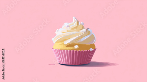 Stylized illustration of cupcake with cream topping, soft pastel colors, smooth shapes, modern flat style