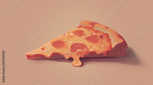 Stylized illustration of pizza slice, warm reds and browns, smooth shapes, soft gradients, minimal background, flat modern style