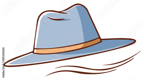 Blue men's fedora hat vector illustration with brown ribbon and swoosh. Minimalist cartoon style cap icon.