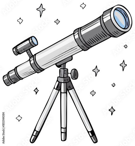 Classic refracting telescope on tripod with sparkling stars in simple line art style