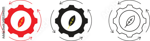 Eco-Friendly Gear and Leaf Icon Set - Circular Gear with Leaf Design for Sustainable Industry and Environmental Protection