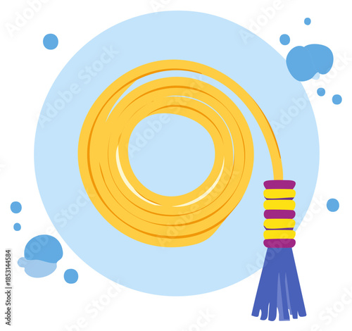 Vibrant coiled yellow garden hose with colorful spray nozzle icon for gardening
