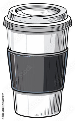 Disposable coffee cup with lid and sleeve vector illustration for takeaway beverages