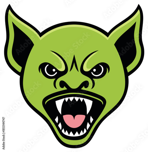 Green Goblin Head Illustration with Scary Expression, Pointed Ears, and Sharp Teeth