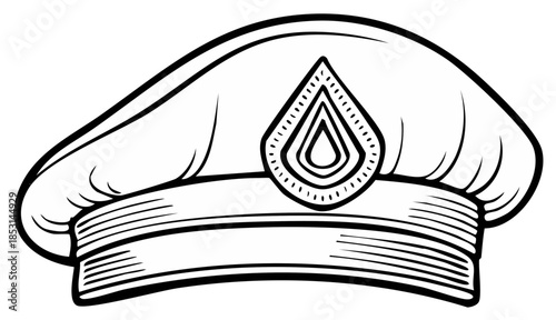 Stylized graphic line art illustration of a uniform beret with a decorative emblem
