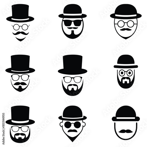 Stylish gentleman icons hats, beards and glasses vector collection. Set of funny cartoon faces