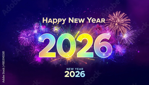 Happy New Year 2026 poster, colorful gradient number and fireworks on blue background, New Year 2026 logo greeting card design template