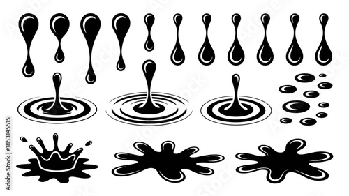Puddles drops splashing water black ink flow isolated vector illustration showing dripping liquid elements tears flowing oil or rain drips suitable for design art and background
