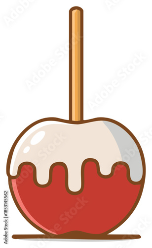 Delicious candy apple illustration with white glaze, sweet caramel dessert on a wooden stick, sugary fair food