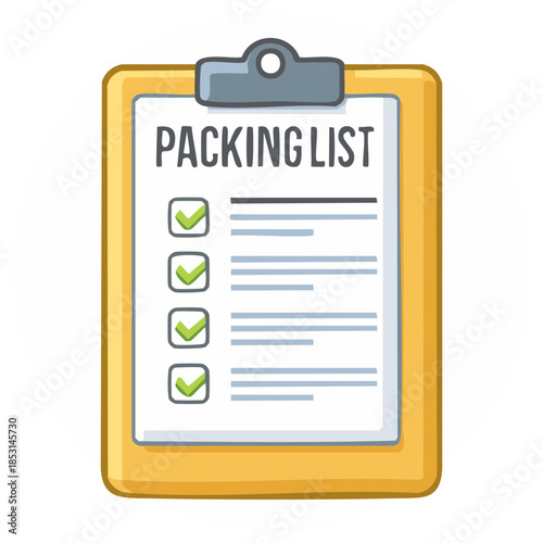 Cartoon Style Packing List on Yellow Clipboard with Checkmarks Ready to Travel