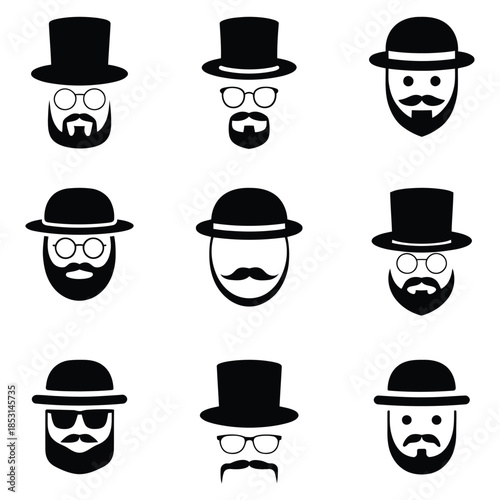 Collection of gentlemen with hats, beards, and mustaches vector icons