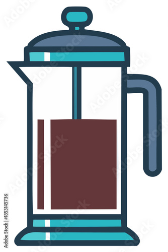 Flat design icon of a French press coffee maker with fresh dark coffee for morning brew