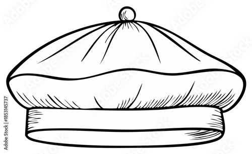 Illustration of a fabric hat, traditional headwear with wavy top line, sketch style, outline, single element, apparel, garment, cap