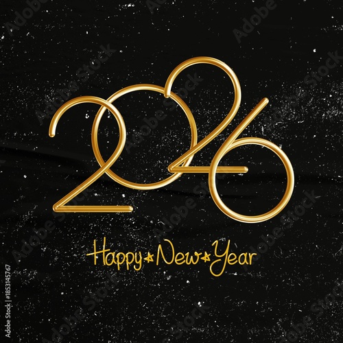 Happy New Year 2026: Elegant Gold & Black Greeting Card.