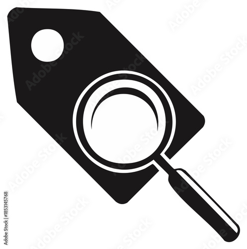 Price tag with magnifying glass emphasizing search finding value and discovering discounts for retail consumers