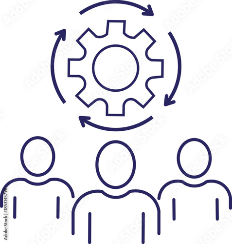 Teamwork and Efficiency - Gear Symbol with Circular Arrows and People Icons for Collaborative Innovation and Workflow Optimization