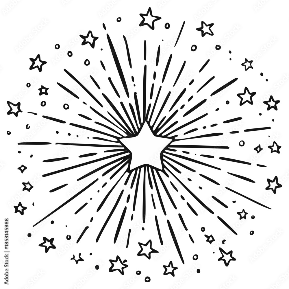 Obraz premium Doodle Star Explosion Hand Drawn Burst and Stars Border Festive Black and White