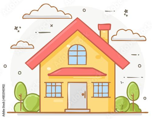 Stylized Home Illustration with Trees and Clouds in Doodle Style, Yellow House with Red Roof Cartoon Design