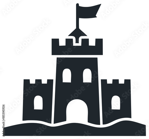 Stylized sandcastle icon with flag on a wavy base representing sand