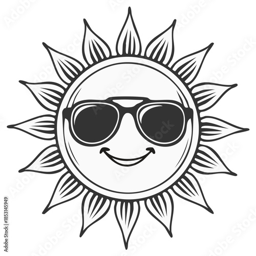 Happy sun character wearing cool sunglasses smiling brightly with radiating rays