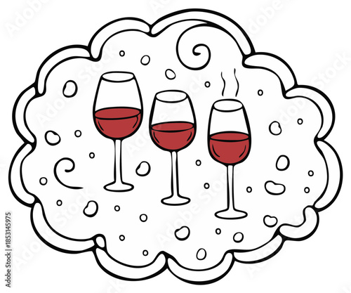 Hand drawn illustration of red wine glasses with steaming hot mulled wine