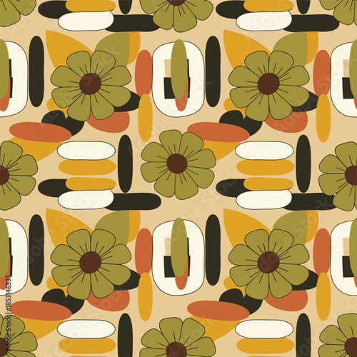 Seamless vector illustration of a floral pattern featuring yellow sunflowers and green leaves for a decorative nature wallpaper design.