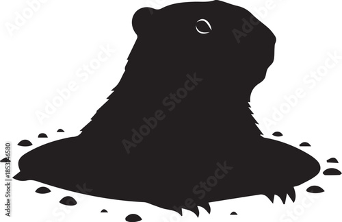 Black silhouette of a groundhog emerging from its burrow on a white background