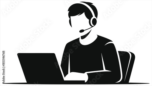 Student Attending Virtual Class with Headset and Laptop Vector Icon; Online Education Silhouette for Remote Learning, Digital Classroom, Distance Study, Webinar, Customer Support and E-learning Design