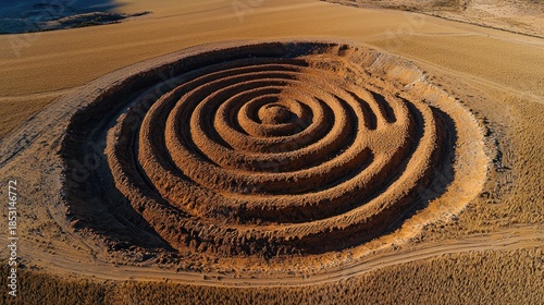 Aerial view of an earthen structure of concentric circular terraces, carved into a dry, brown landscape