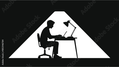 Student silhouette studying on a laptop at night, illuminated by a desk lamp. Vector concept for e-learning, online education, remote work, deadline, and concentration.