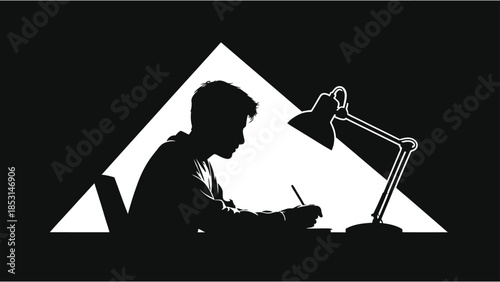 Student studying at night silhouette vector. E-learning and online education concept. Man working late at desk with lamp. Black and white minimalist graphic for homework, deadline, and focus themes.