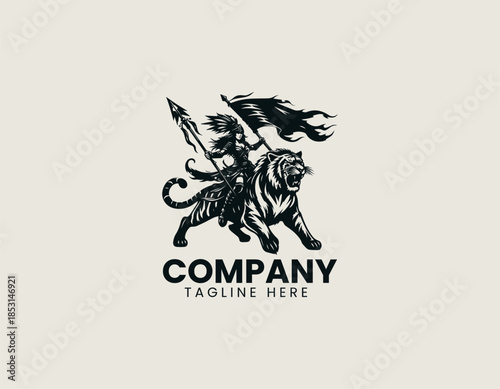 Warrior lady rides a fierce tiger while carrying a bold war flag in a black vector logo illustration