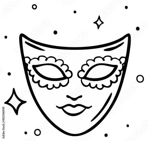 Elegant Masquerade Mask Illustration, Decorative Border, Carnival Costume, Festive Celebration, Decorative Elements, Line Art